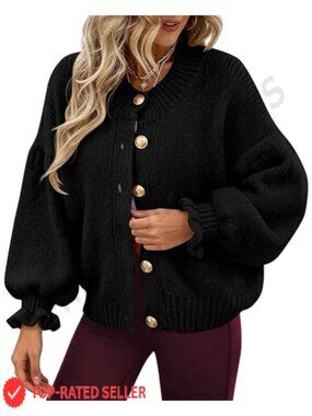 Chunky Knit Button Up Cardigan Ruffle Sleeve Cropped Sweater Women